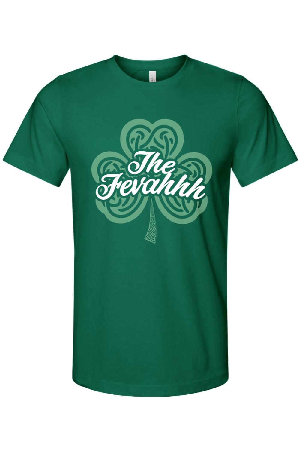 Green cotton jersey t-shirt featuring a white The Fevahhh script logo over a decorative Celtic shamrock design.
