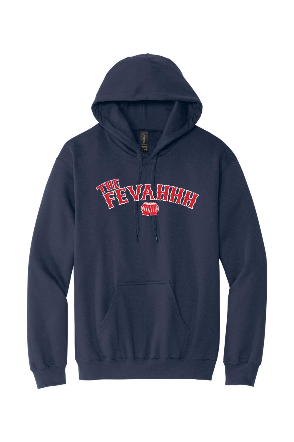 Navy blue men's pullover hoodie featuring The Fevahhh text and beer mug graphic in red and white.