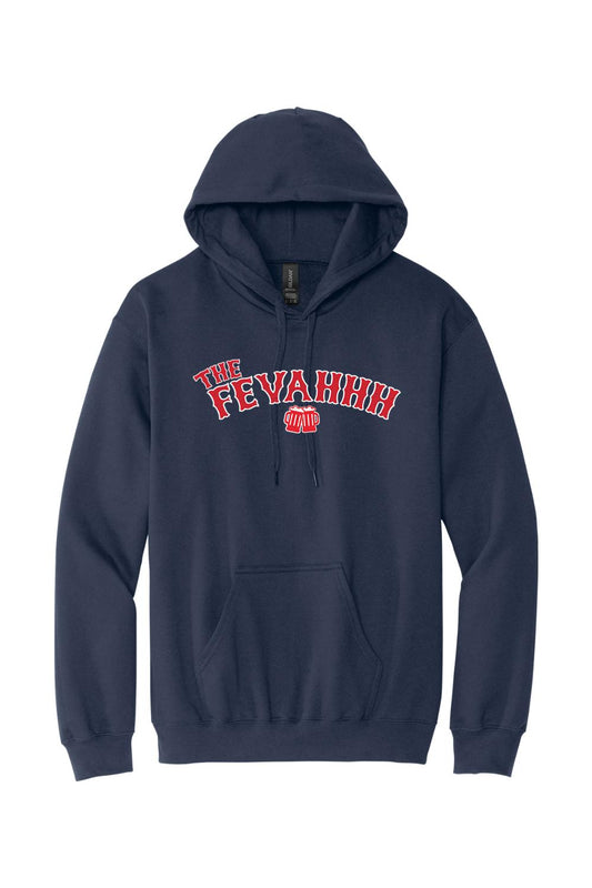 Navy blue men's pullover hoodie featuring The Fevahhh text and beer mug graphic in red and white.