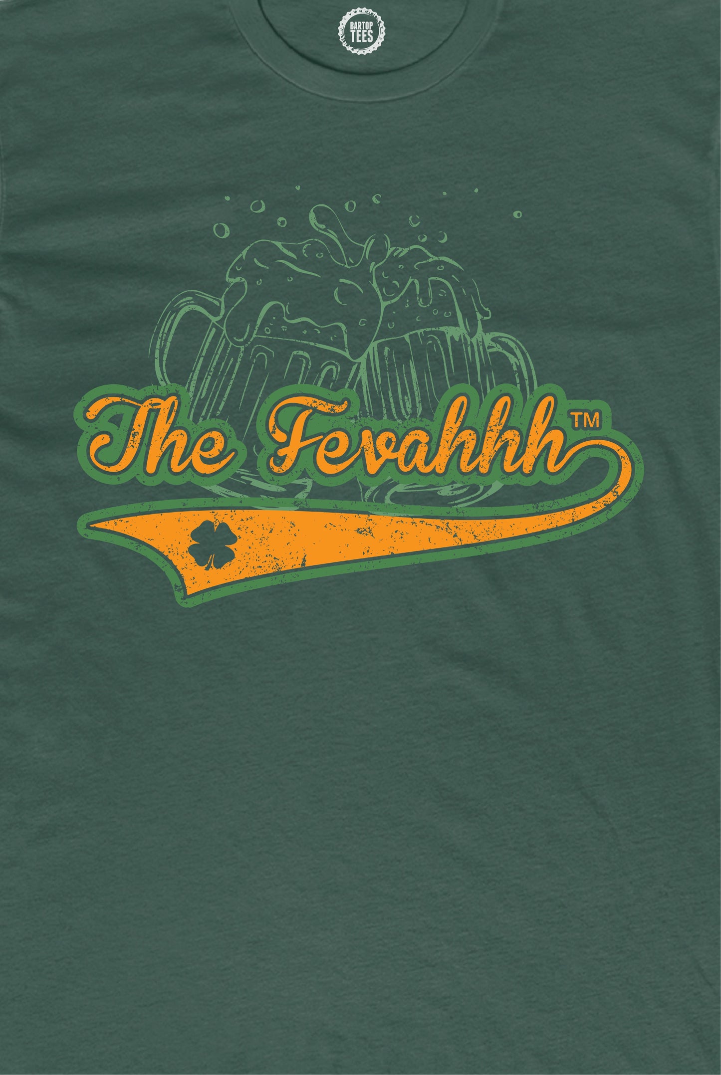 Forest green cotton jersey t-shirt with a vintage beer mug graphic and The Fevahhh text in orange and green.