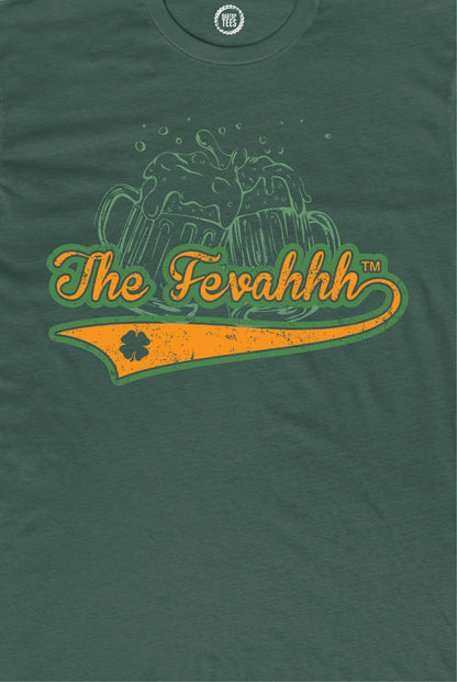 Forest green cotton jersey t-shirt with a vintage beer mug graphic and The Fevahhh text in orange and green.