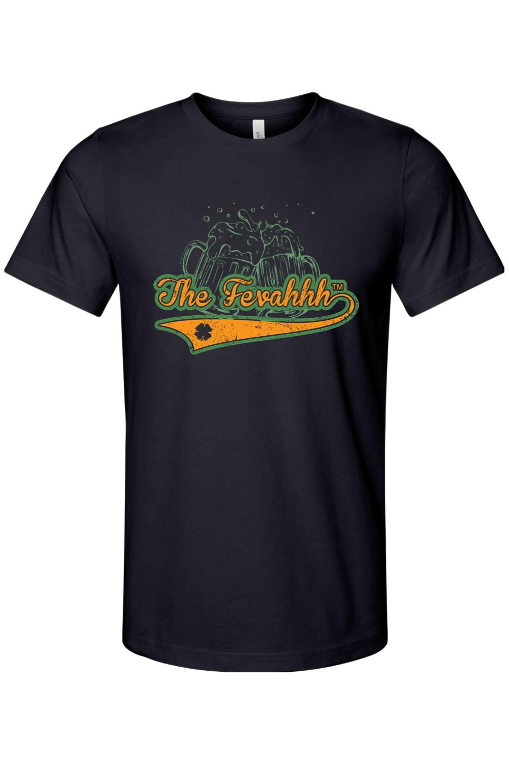 Black cotton jersey t-shirt featuring a green and orange Cheers to the Irish beer mug graphic with a shamrock.