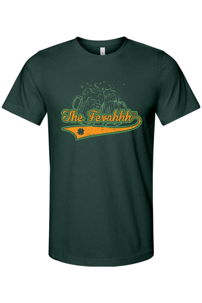 Dark green cotton jersey t-shirt featuring a vintage-style Cheers to the Irish graphic with beer mugs and a shamrock.