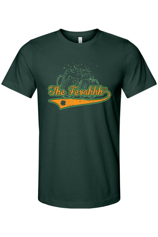Dark green cotton jersey t-shirt featuring a vintage-style Cheers to the Irish graphic with beer mugs and a shamrock.