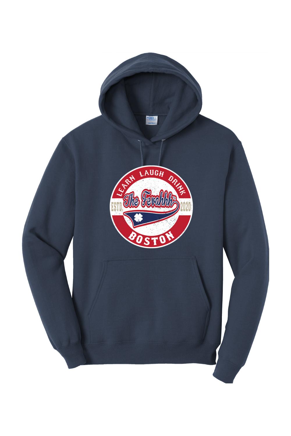 Navy blue pullover hoodie featuring a circular Learn Laugh Drink Boston graphic with a shamrock and red accents.