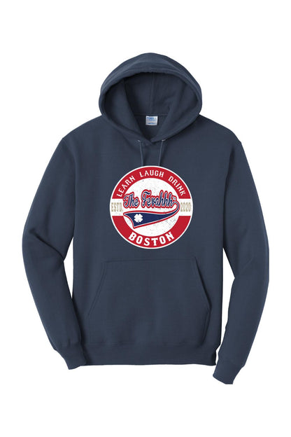 Navy blue pullover hoodie featuring a circular Learn Laugh Drink Boston graphic with a shamrock and red accents.