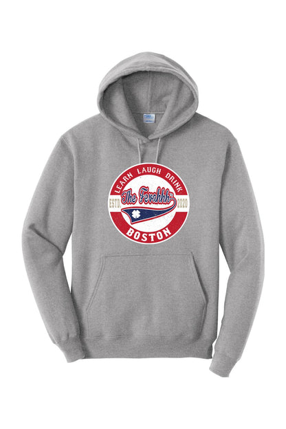 Grey pullover hoodie featuring a red and blue Learn Laugh Drink Boston graphic with a shamrock pennant design.