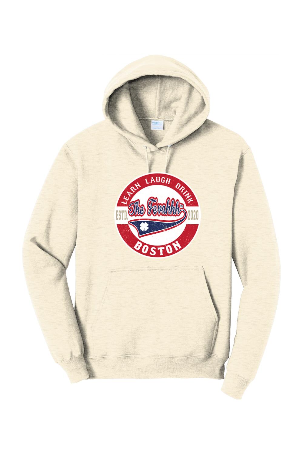 Cream-colored pullover hoodie featuring a red and blue Learn Laugh Drink Boston graphic with a clover emblem.