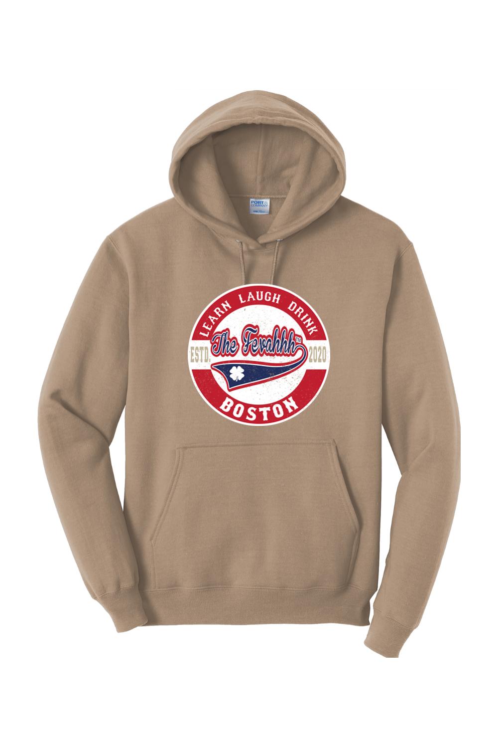 Tan hooded sweatshirt featuring a red, white, and blue Learn Laugh Drink Boston circular graphic on the chest.