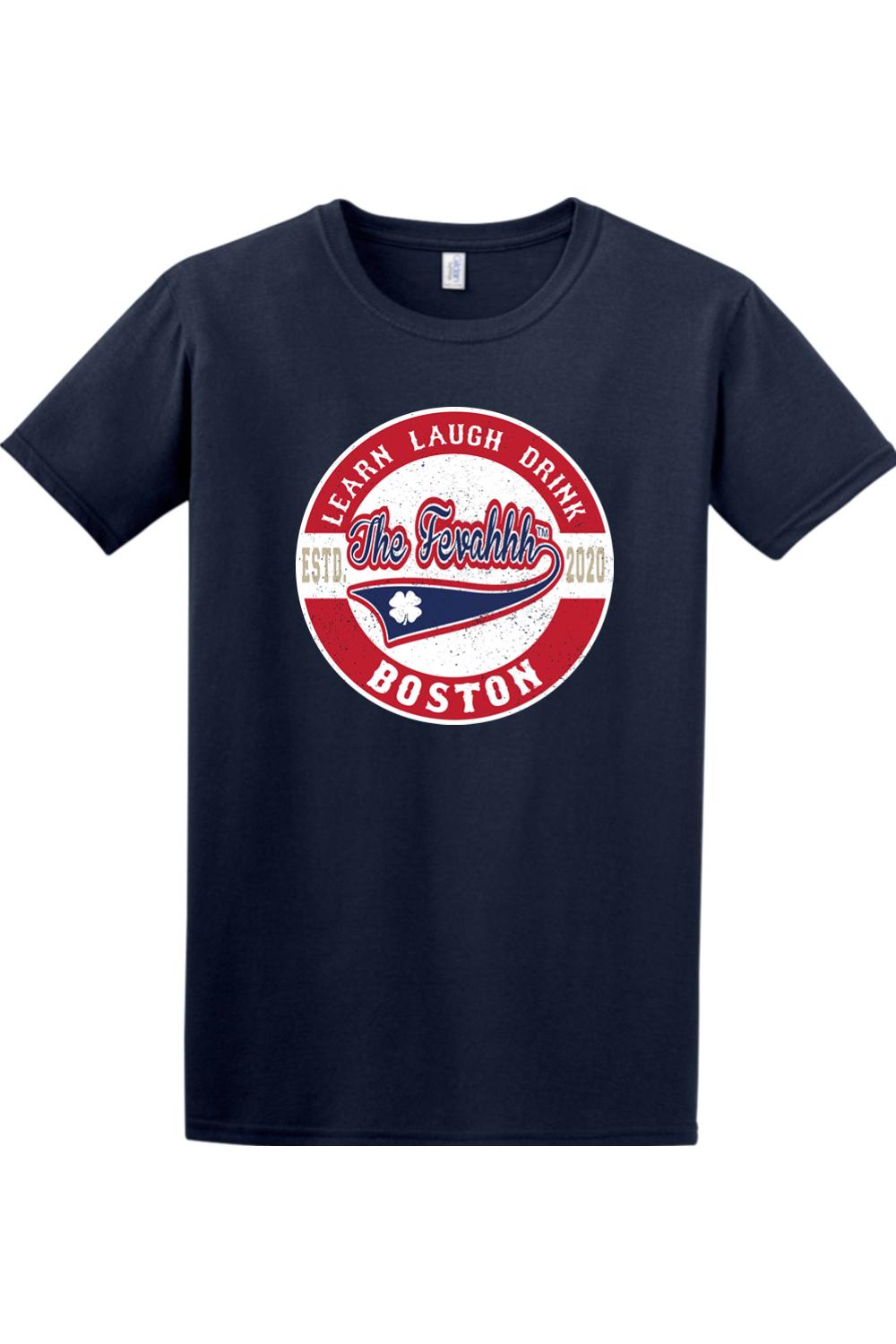 Navy blue crew neck t-shirt featuring a distressed red and white circular logo with Learn, Laugh, Drink, and Boston text.