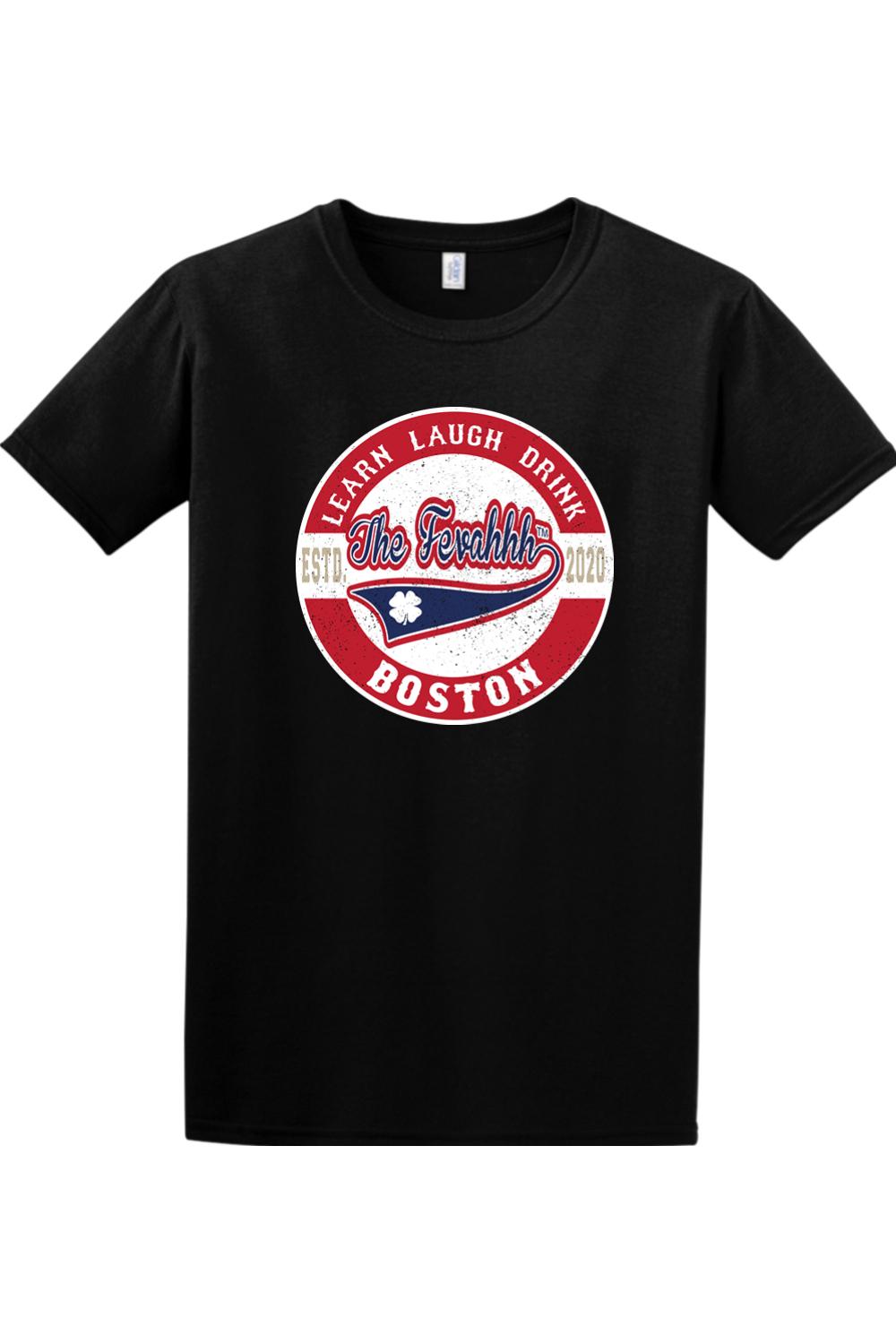 Black crewneck t-shirt featuring a vintage-style Boston Learn Laugh Drink graphic with a clover logo.