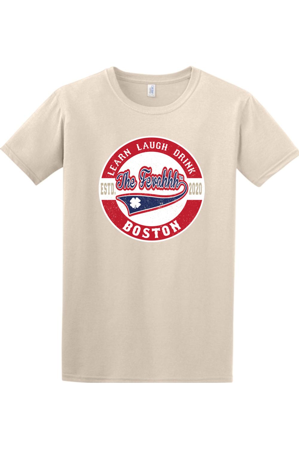 Sand-colored crew neck t-shirt featuring a vintage-style red, white, and blue Boston logo with Learn Laugh Drink text.