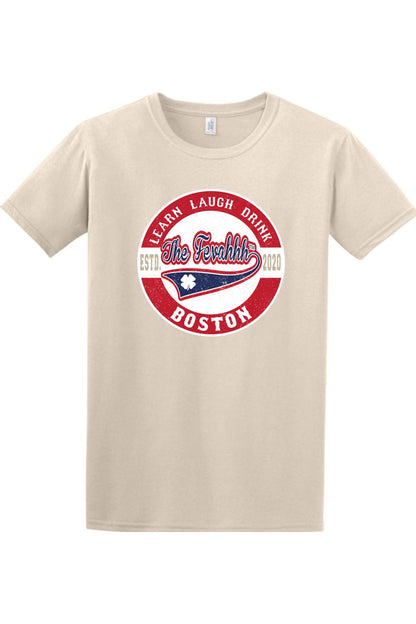 Sand-colored crew neck t-shirt featuring a vintage-style red, white, and blue Boston logo with Learn Laugh Drink text.