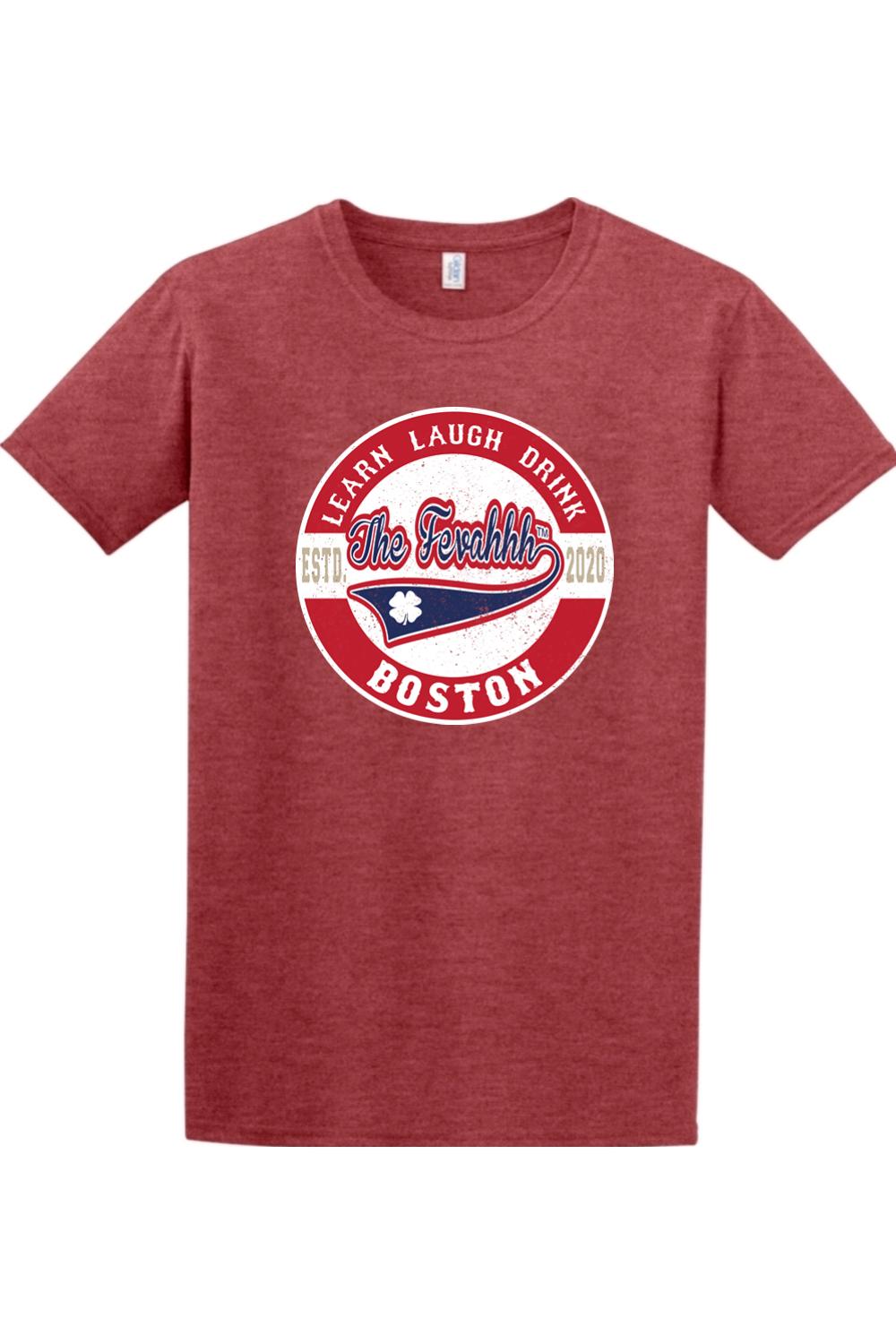 Heather red crewneck t-shirt featuring a circular Boston Learn Laugh Drink graphic with a blue pennant and clover.