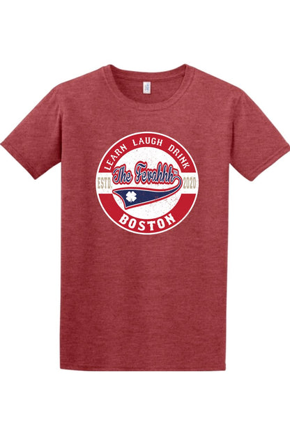 Heather red crewneck t-shirt featuring a circular Boston Learn Laugh Drink graphic with a blue pennant and clover.