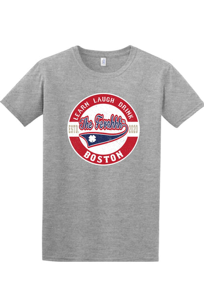 Grey crewneck t-shirt featuring a red, white, and blue circular logo with the text Learn Laugh Drink Boston.
