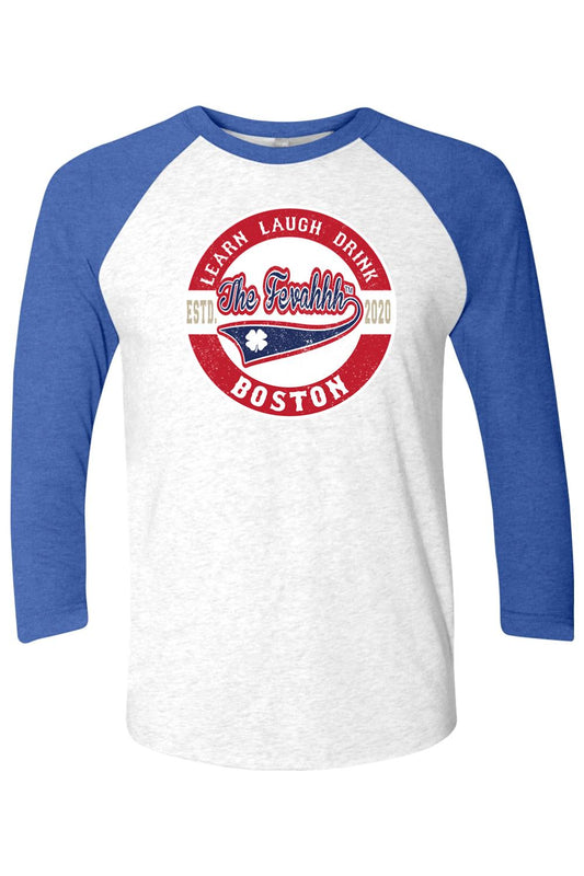White and blue three-quarter sleeve raglan tee with a red and blue Boston Learn Laugh Drink graphic.
