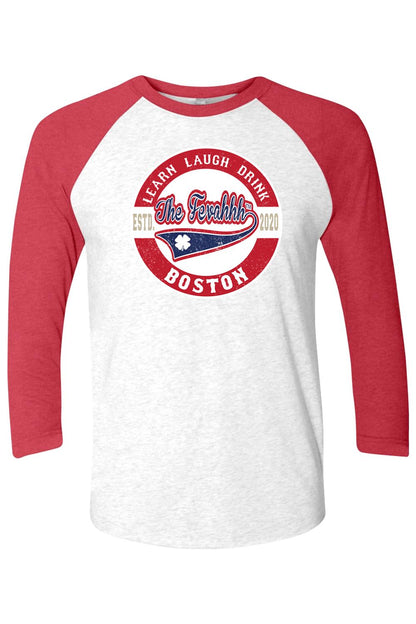 White and red three-quarter sleeve raglan tee featuring a vintage Learn Laugh Drink Boston graphic.