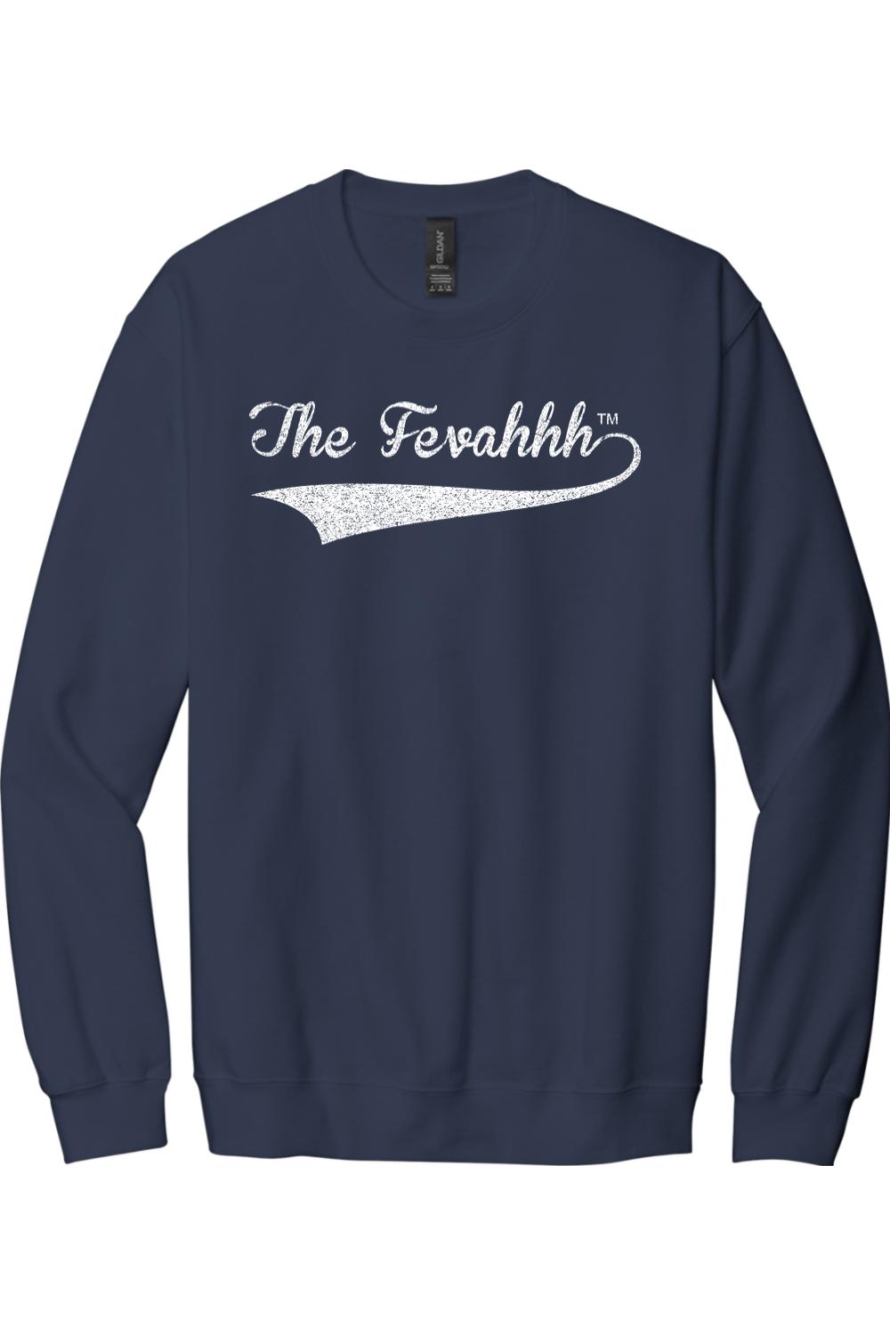 Navy blue cotton crewneck sweatshirt featuring a white distressed The Fevahhh graphic logo on the chest.