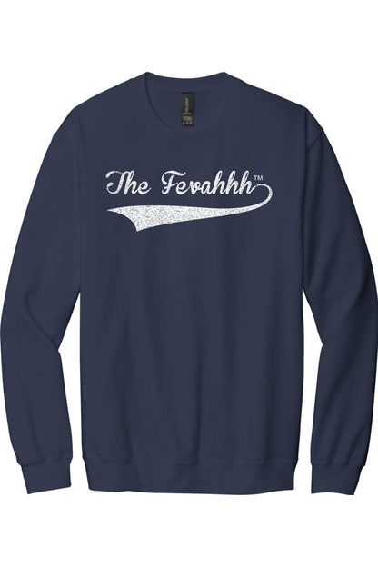 Navy blue cotton crewneck sweatshirt featuring a white distressed The Fevahhh graphic logo on the chest.