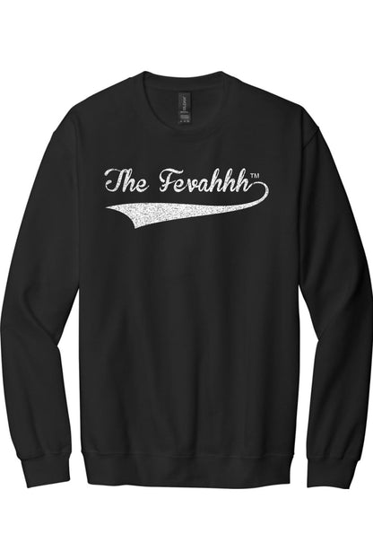 Black cotton unisex crewneck sweatshirt featuring The Fevahhh logo in a white distressed script font.