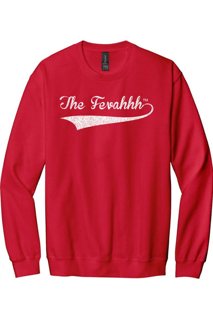 Red cotton crewneck sweatshirt featuring a white vintage-style The Fevahhh logo graphic across the chest.