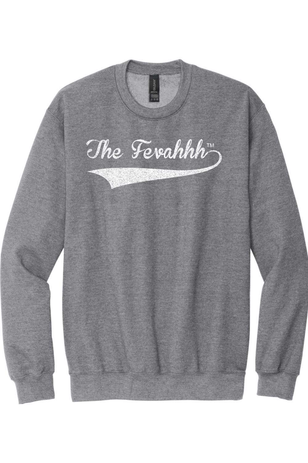 Grey cotton crewneck sweatshirt featuring a white distressed The Fevahhh script logo with a swoosh tail.