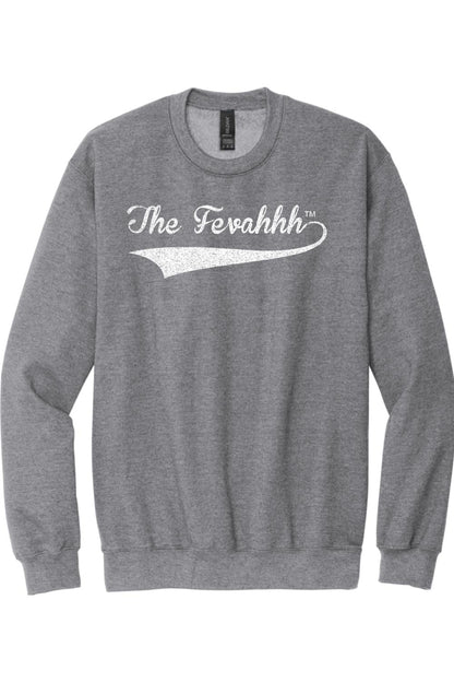 Grey cotton crewneck sweatshirt featuring a white distressed The Fevahhh script logo with a swoosh tail.