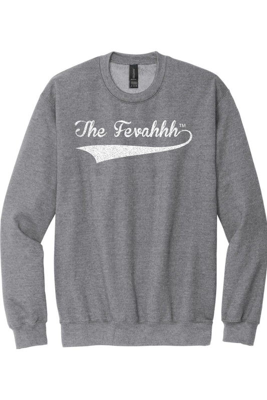 Grey cotton crewneck sweatshirt featuring a white distressed The Fevahhh script logo with a swoosh tail.