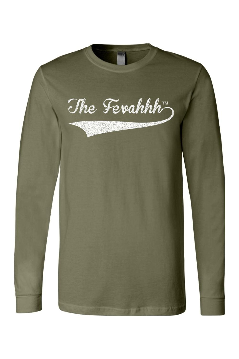 Olive green long-sleeve cotton t-shirt featuring a white distressed The Fevahhh logo graphic on the chest.