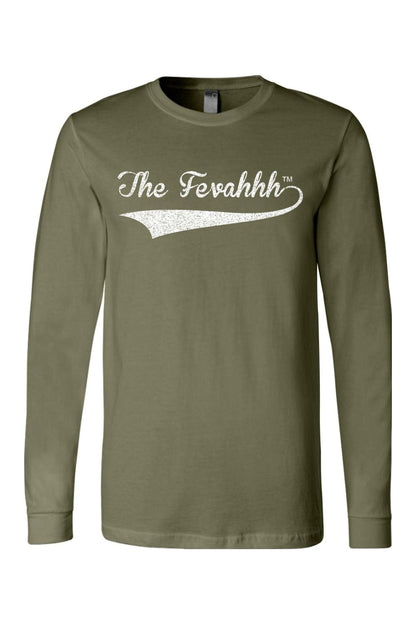Olive green long-sleeve cotton t-shirt featuring a white distressed The Fevahhh logo graphic on the chest.