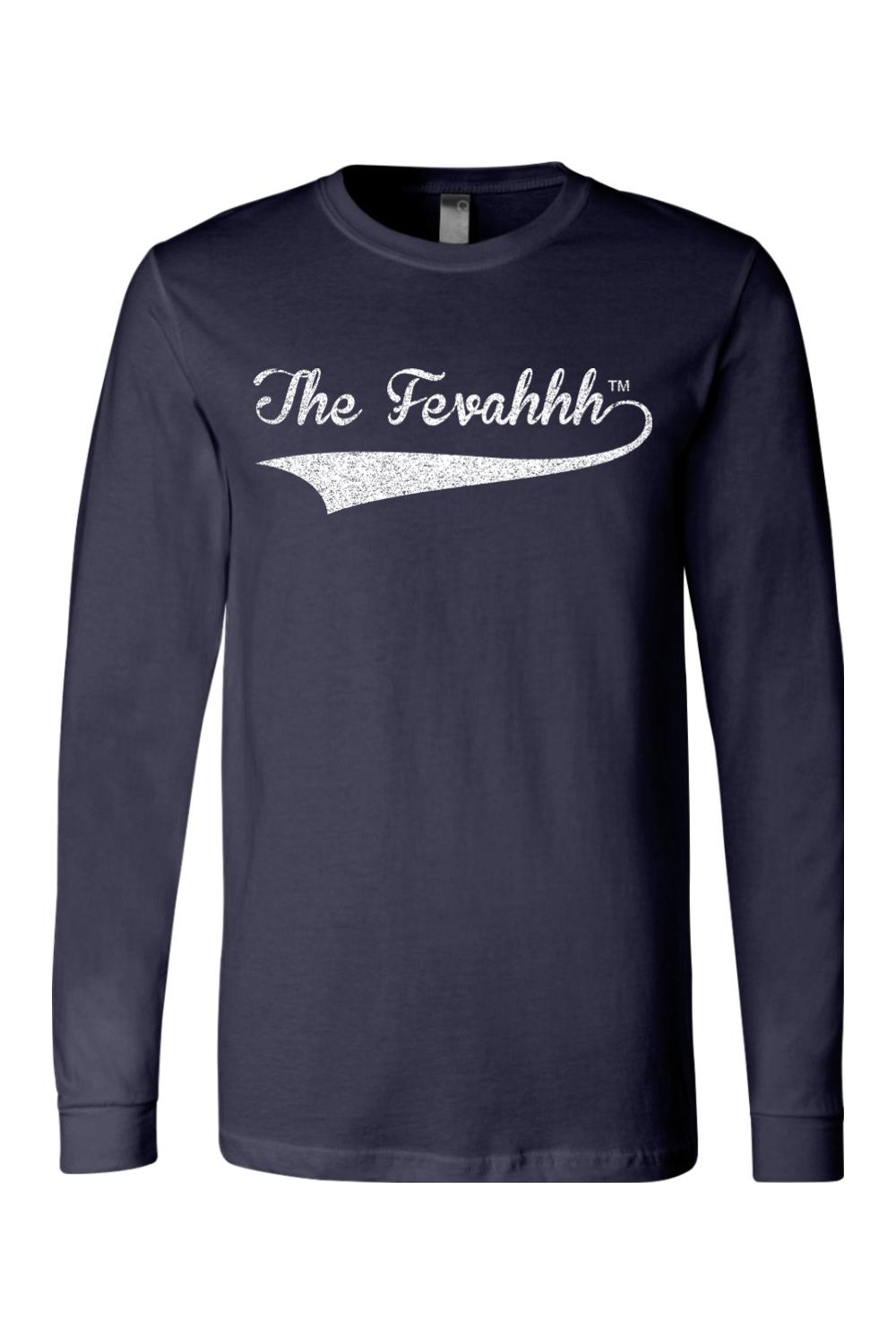 Navy blue long-sleeve cotton t-shirt featuring a white distressed The Fevahhh script logo across the chest.