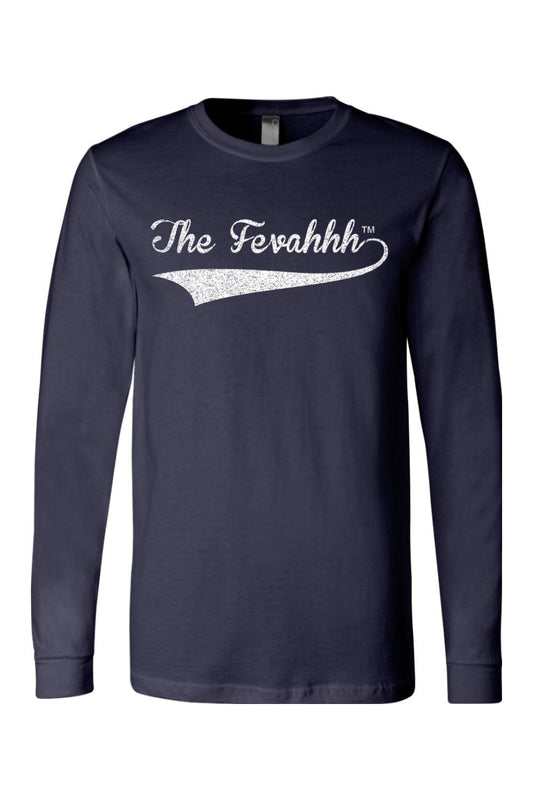 Navy blue long-sleeve cotton t-shirt featuring a white distressed The Fevahhh script logo across the chest.