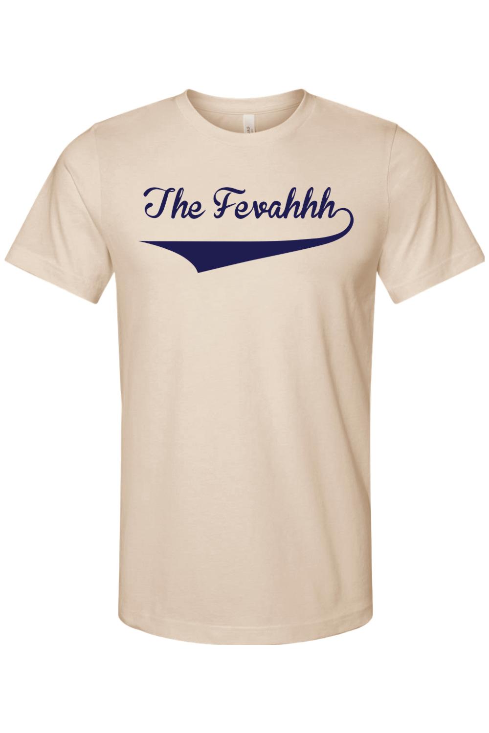 Beige breathable cotton crewneck t-shirt featuring The Fevahhh in navy blue script with an underline swoosh.