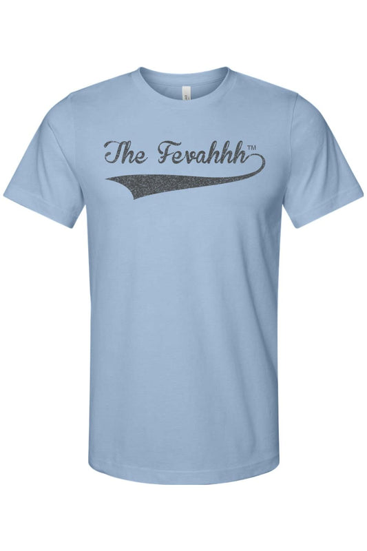 Light blue cotton unisex t-shirt featuring a gray distressed The Fevahhh logo with a swoosh design.