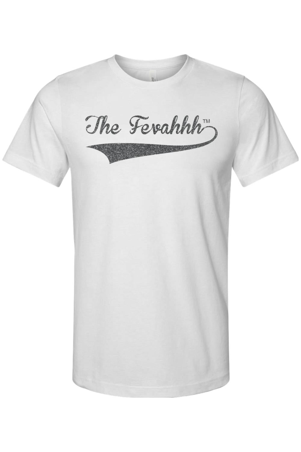 White lightweight cotton unisex t-shirt featuring a gray distressed The Fevahhh logo graphic on the chest.
