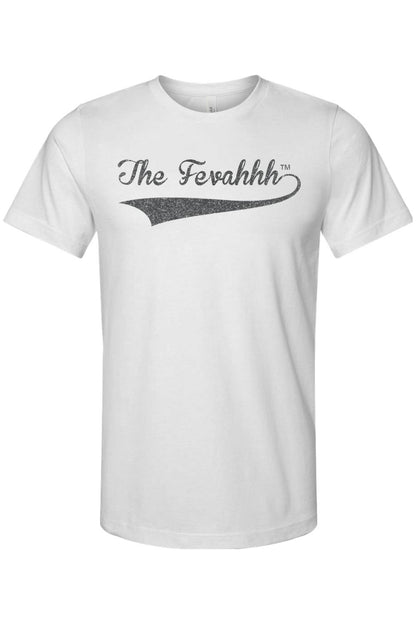 White lightweight cotton unisex t-shirt featuring a gray distressed The Fevahhh logo graphic on the chest.