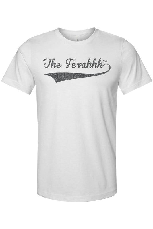 White lightweight cotton unisex t-shirt featuring a gray distressed The Fevahhh logo graphic on the chest.