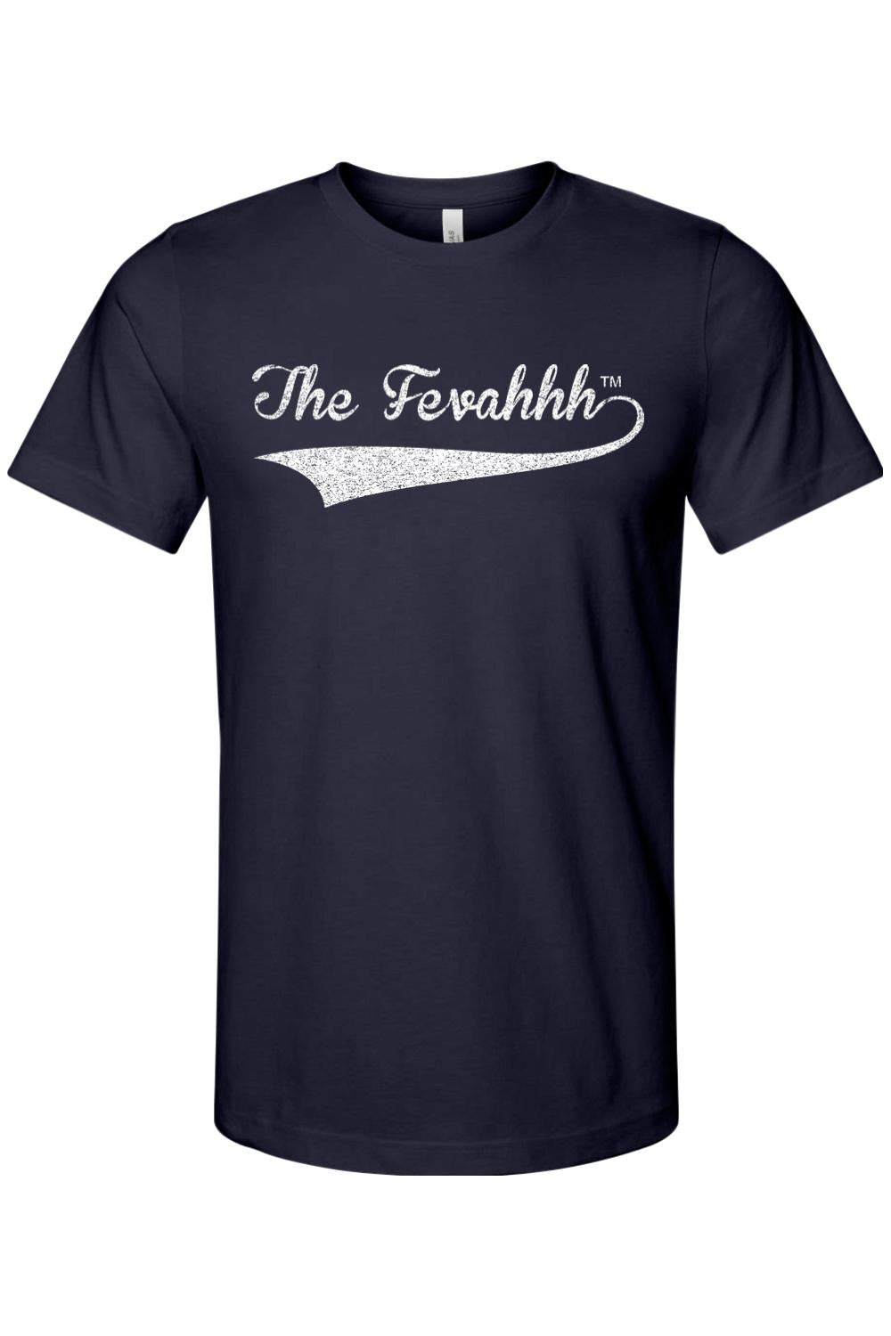 Navy blue cotton crew neck t-shirt featuring a white distressed The Fevahhh logo graphic on the chest.
