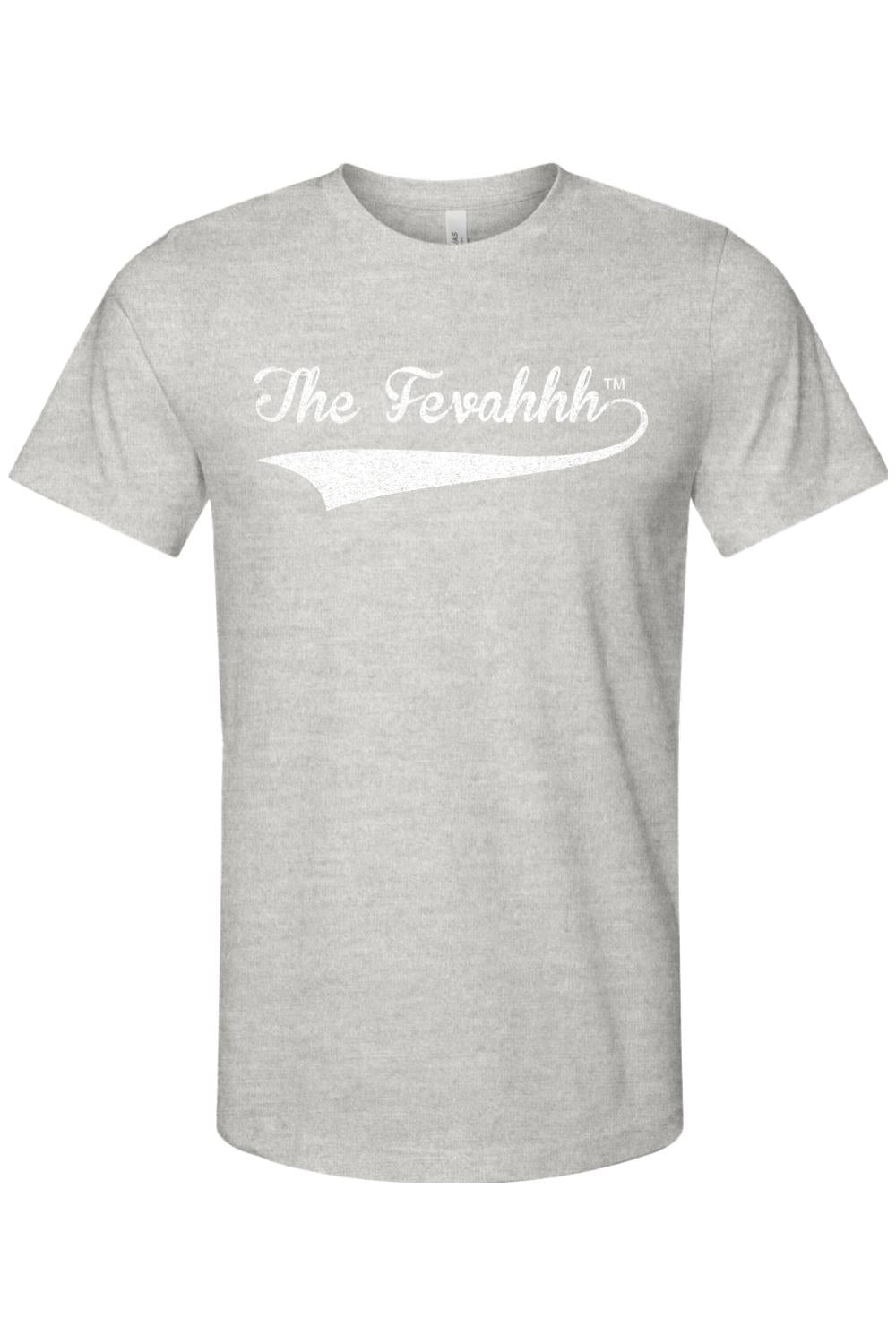 Grey heather cotton t-shirt featuring a white distressed The Fevahhh logo with a vintage-style tail design.