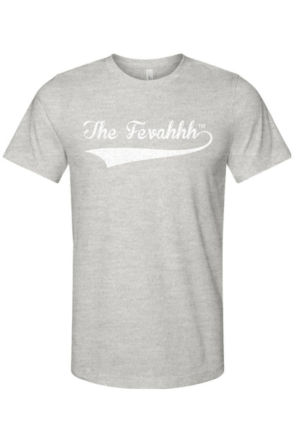 Grey heather cotton t-shirt featuring a white distressed The Fevahhh logo with a vintage-style tail design.