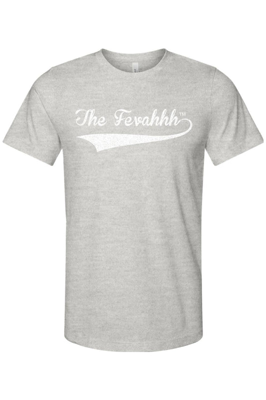 Grey heather cotton t-shirt featuring a white distressed The Fevahhh logo with a vintage-style tail design.