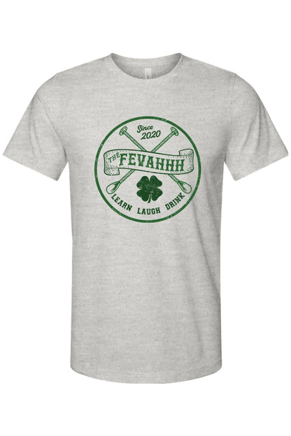 Heather gray jersey tee featuring a green circular graphic with a shamrock, crossed spoons, and The Fevahhh text.