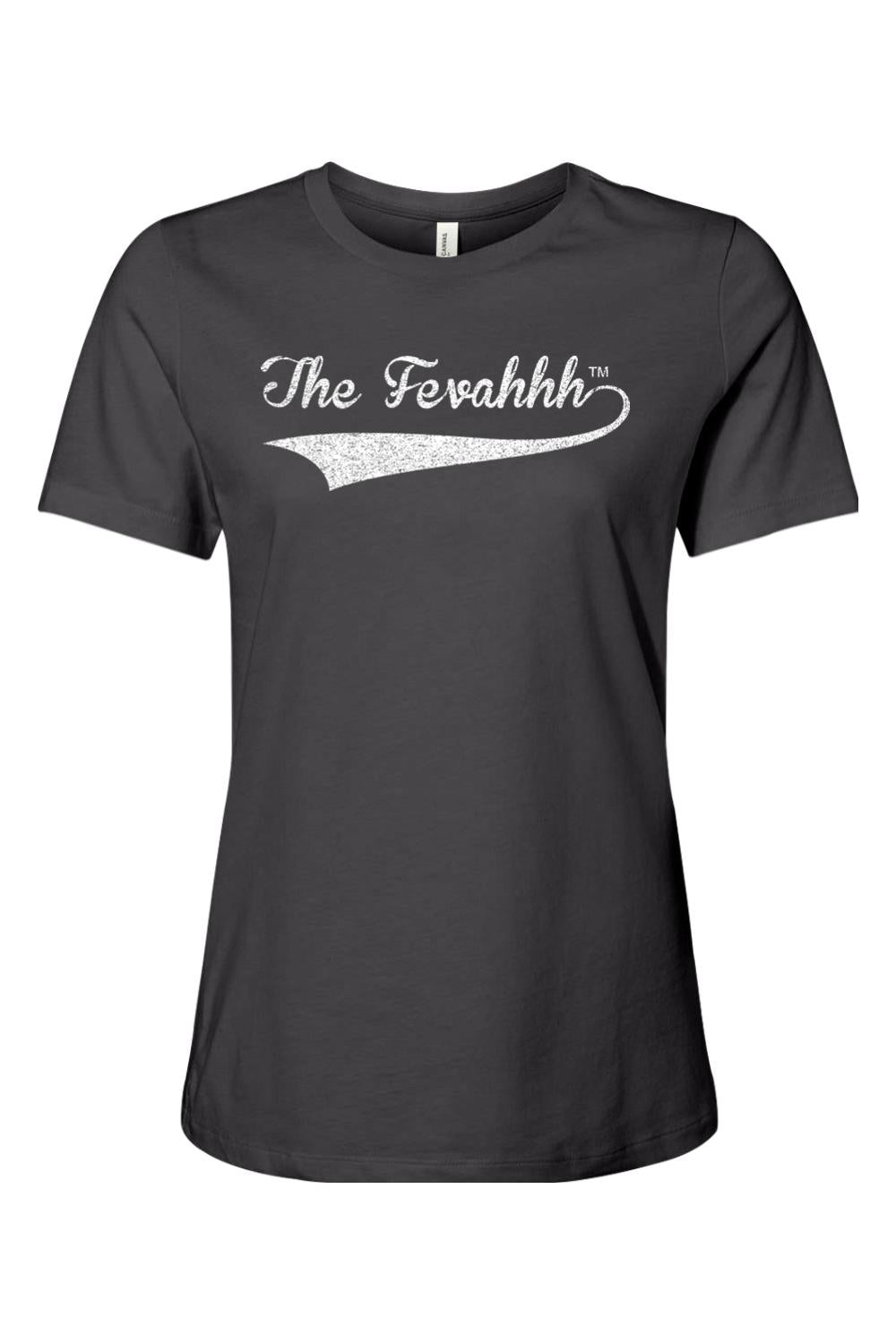 Soft charcoal grey women's cotton t-shirt featuring The Fevahhh logo in white script with a vintage tail design.