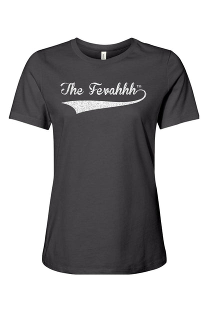 Soft charcoal grey women's cotton t-shirt featuring The Fevahhh logo in white script with a vintage tail design.