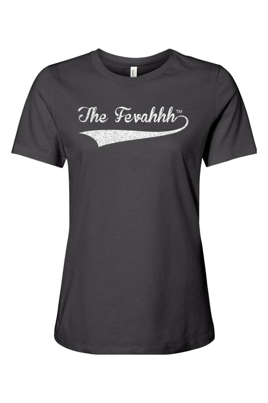 Soft charcoal grey women's cotton t-shirt featuring The Fevahhh logo in white script with a vintage tail design.