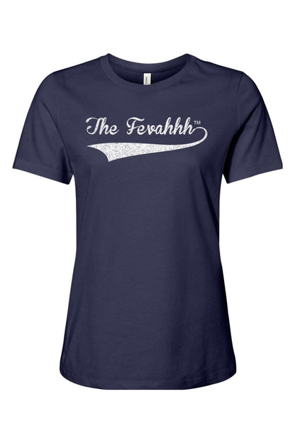 Navy blue women's cotton t-shirt featuring a white distressed script logo that reads The Fevahhh.