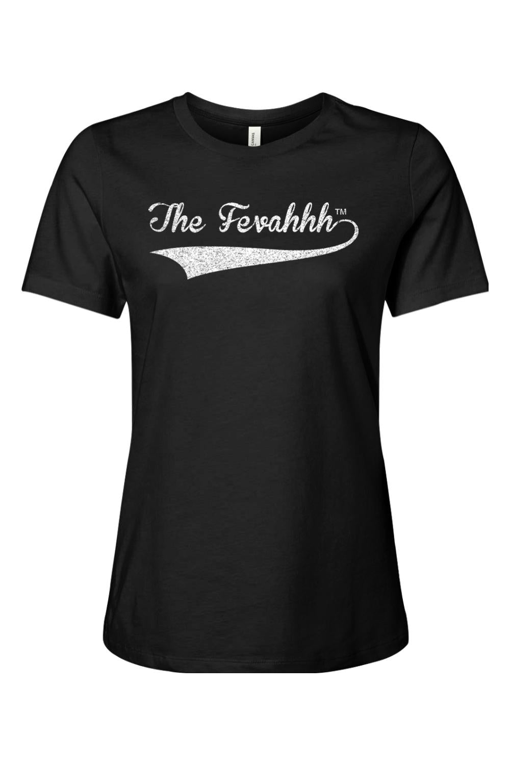 Black soft cotton women's t-shirt featuring a white cursive The Fevahhh logo with a decorative swoosh underline.