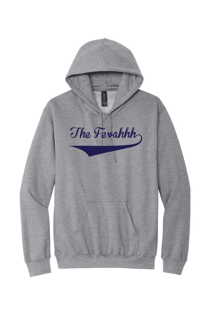 Grey cotton hoodie featuring The Fevahhh text in navy blue script with a swoosh underline.