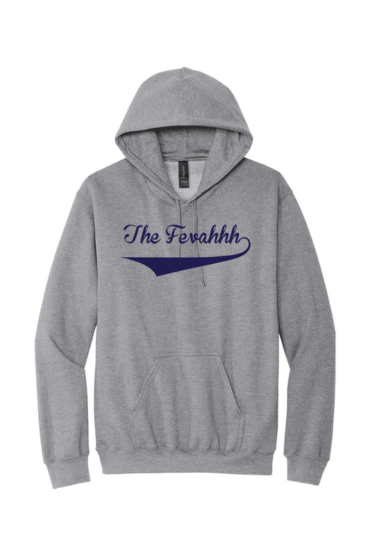 Grey cotton hoodie featuring The Fevahhh text in navy blue script with a swoosh underline.